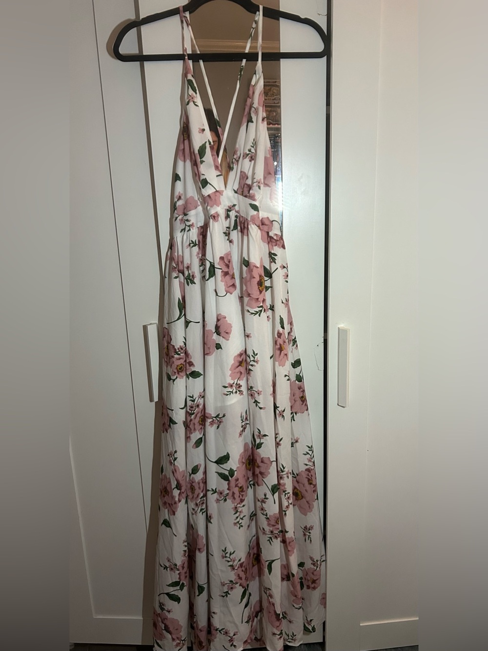 Floral White Maxi Dress with Pink Roses
